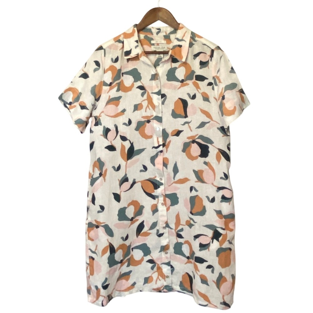 Rachel Zoe Women Linen Shirt Dress Size L Abstract Floral Coastal Resort Pockets - Picture 1 of 14